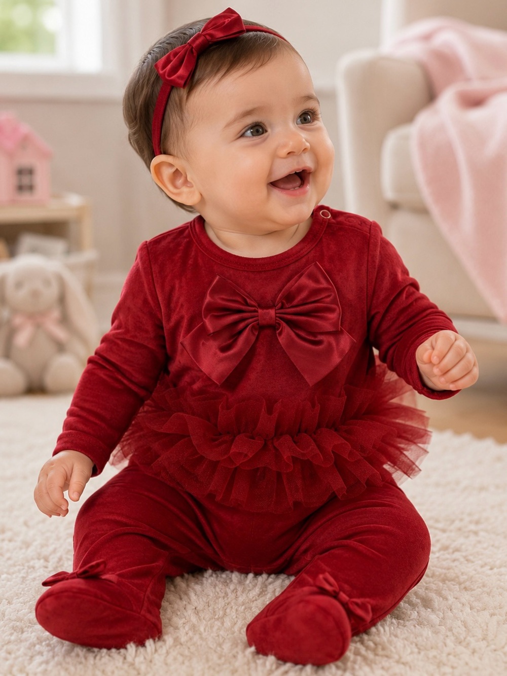 First Impressions Baby Girl 6-9M Red Velour Tutu Bow Footed Holiday One Piece